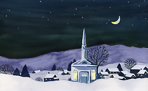 Holiday Announcements Green evergreen tree with red decorations